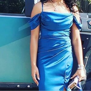 Teal, satin, maxi prom dress.